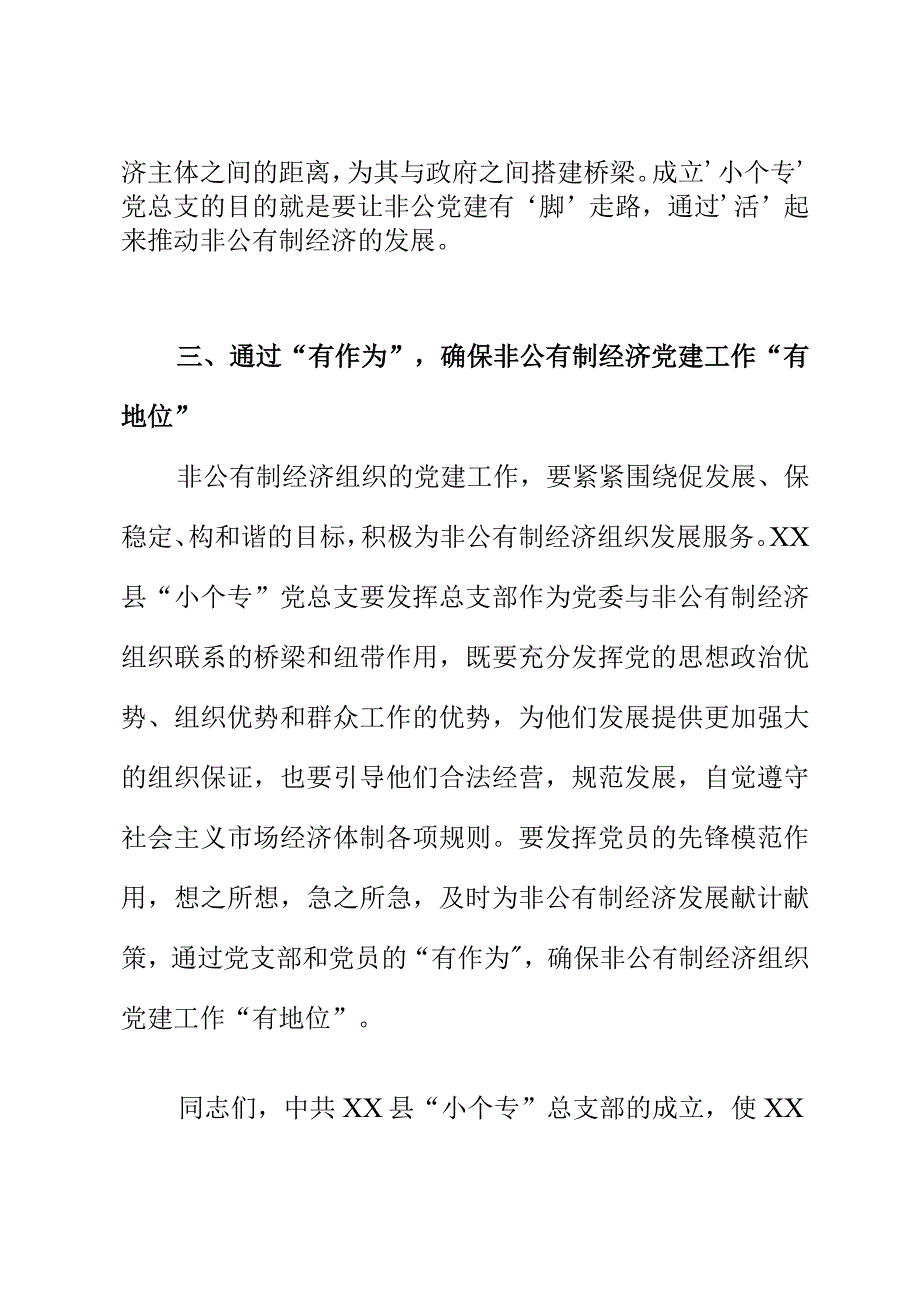 上级党组织在XX县“小个专”党总支成立暨选举党员大会上的讲话稿怎么写.docx_第3页