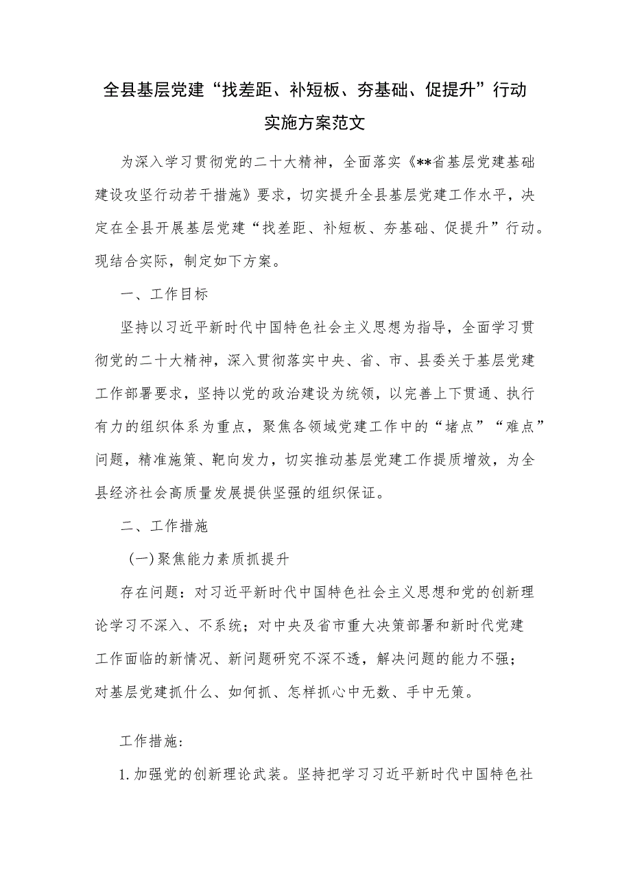 全县基层党建“找差距、补短板、夯基础、促提升”行动实施方案范文.docx_第1页