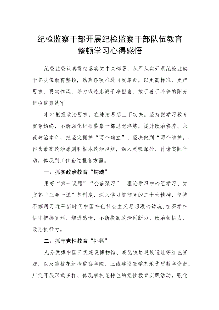 纪检监察干部开展纪检监察干部队伍教育整顿学习心得感悟（3篇）范本.docx_第1页