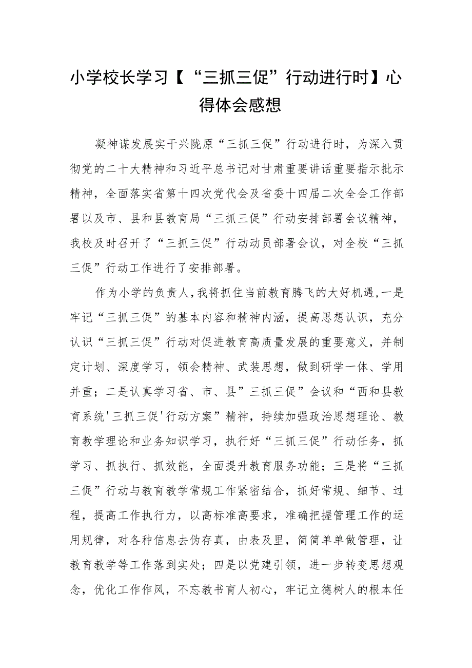 （共三篇）小学校长学习【“三抓三促”行动进行时】心得体会感想.docx_第1页