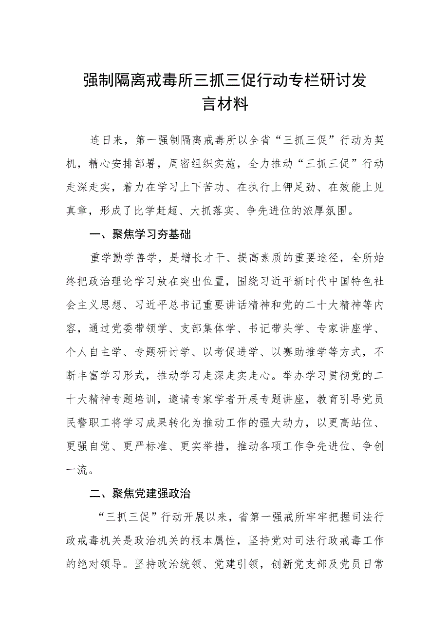 强制隔离戒毒所三抓三促行动专栏研讨发言材料（3篇）.docx_第1页