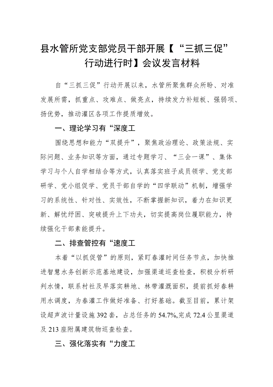 县水管所党支部党员干部开展【“三抓三促”行动进行时】会议发言材料（3篇）.docx_第1页