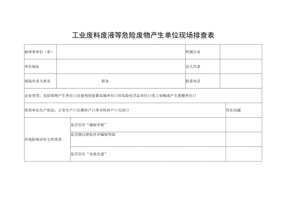 工业废料废液等危险废物产生单位现场排查表.docx_第1页