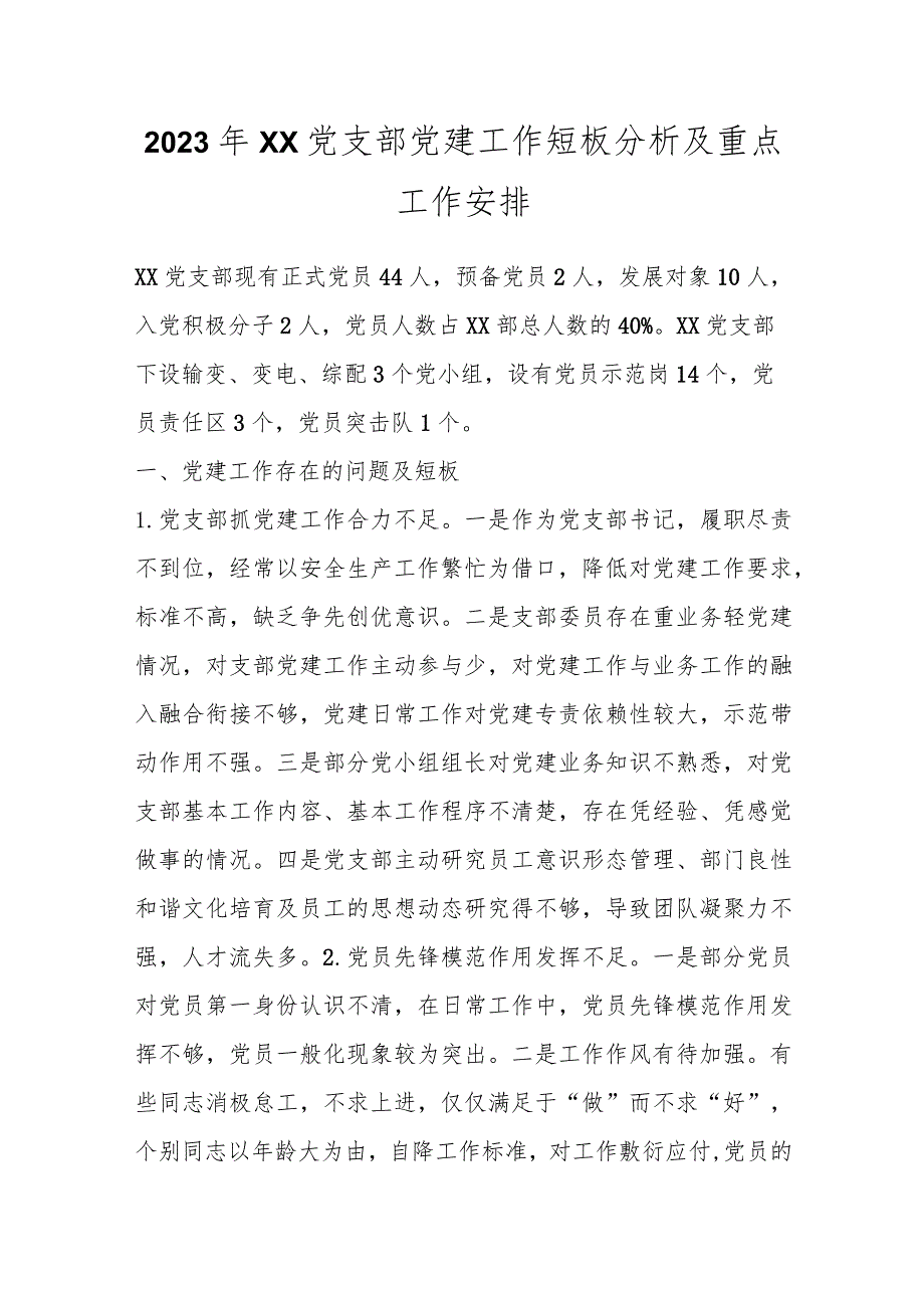 2023年XX党支部党建工作短板分析及重点工作安排.docx_第1页