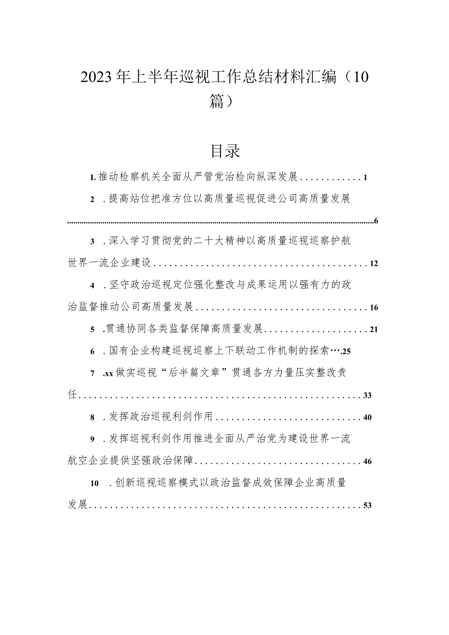 2023年上半年巡视工作总结材料汇编（10篇）.docx_第1页