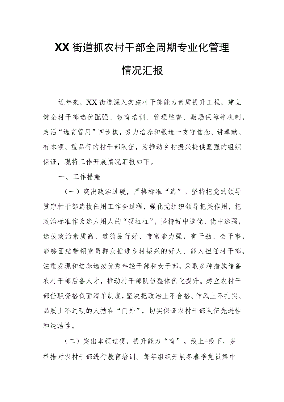 XX街道抓农村干部全周期专业化管理情况汇报.docx_第1页