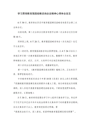 学习贯彻教育强国战略咨询会议精神心得体会发言、建设教育强国心得体会发言.docx