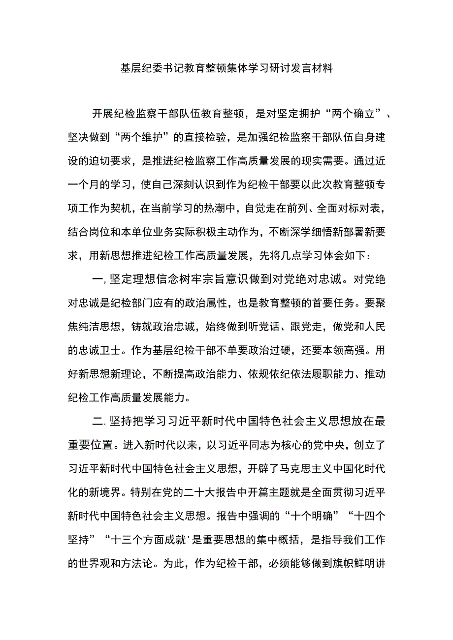 基层纪委书记教育整顿集体学习研讨发言材料2.docx_第1页