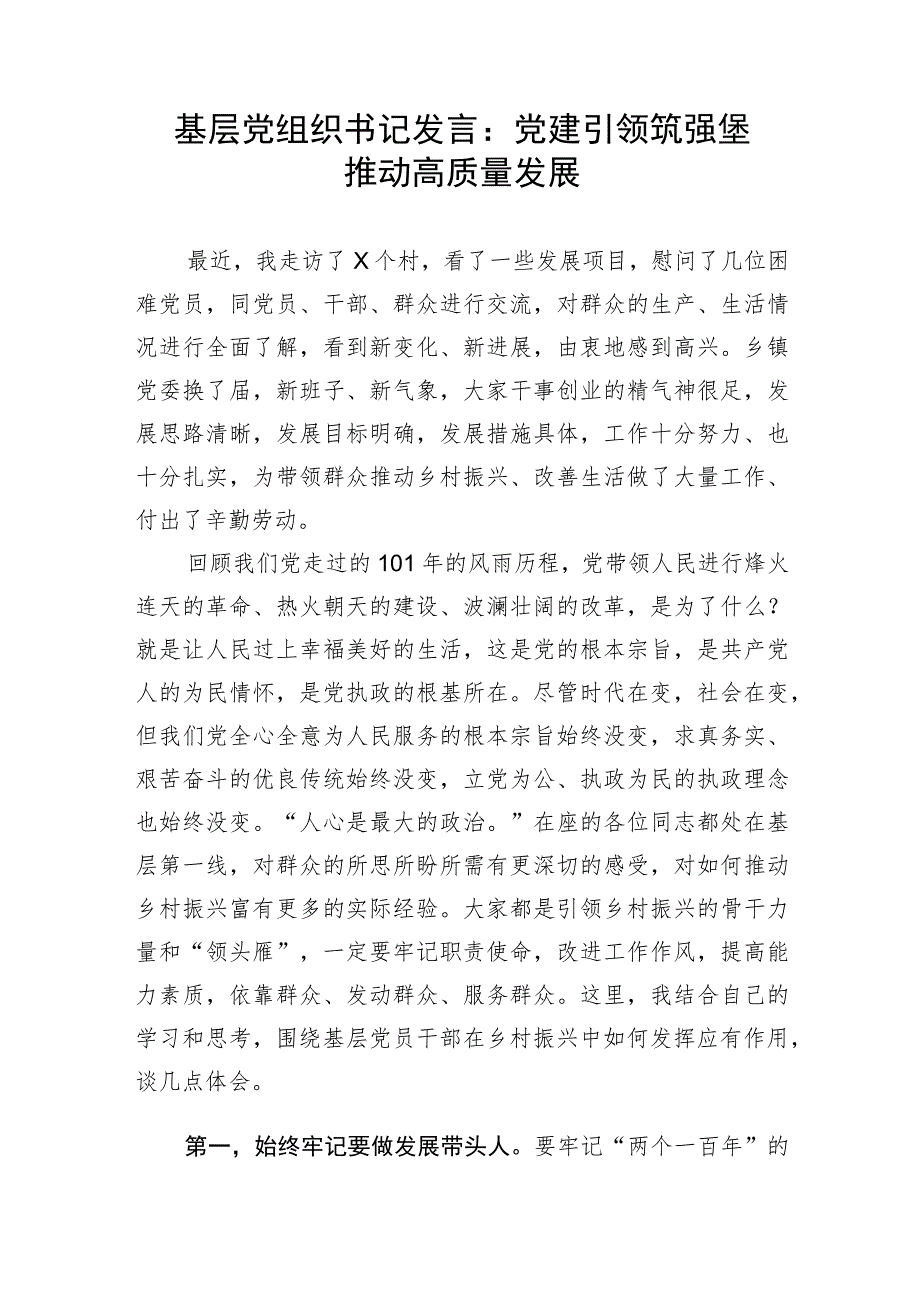 【研讨发言】基层党组织书记发言：党建引领 筑强堡 推动高质量发展.docx_第1页