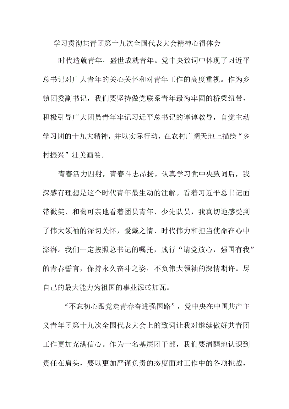 中小学教师学习贯彻共青团第十九次全国代表大会精神个人心得体会 （样板5份）.docx_第1页