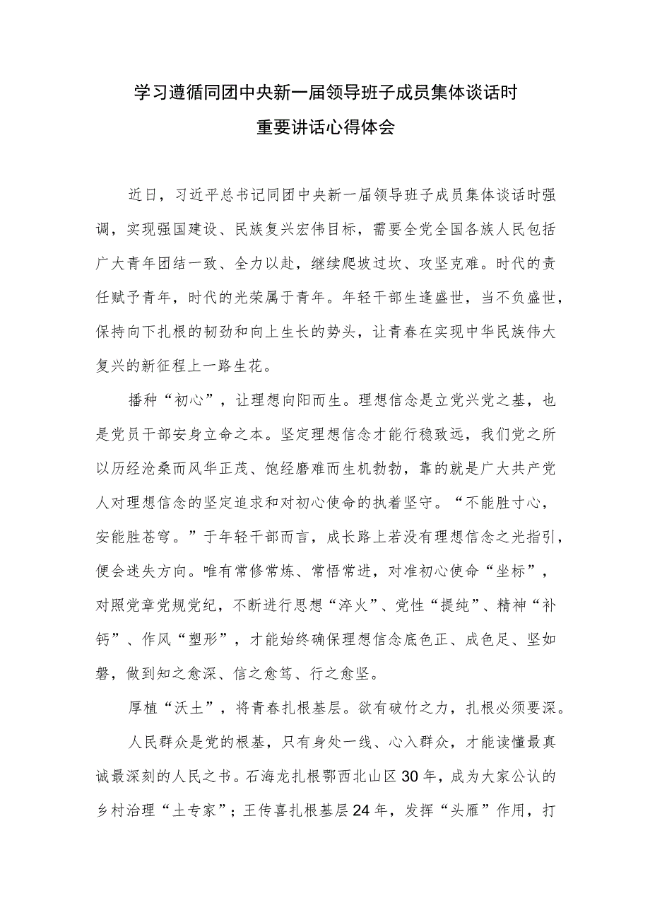 2.学习贯彻同团中央新一届领导班子成员集体谈话重要讲话心得体会3篇.docx_第1页