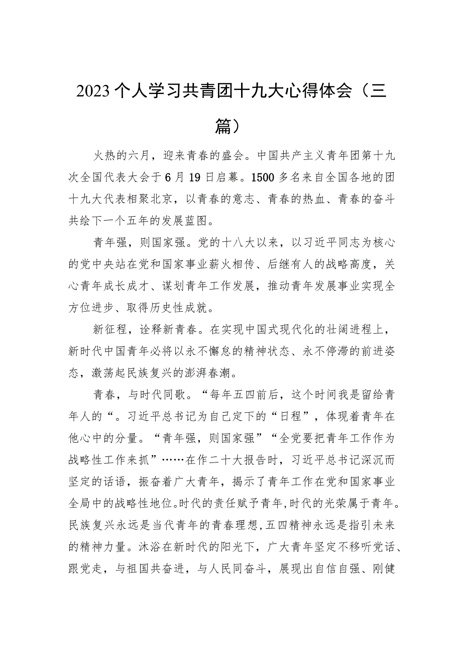 2023个人学习共青团十九大心得体会（三篇）.docx_第1页