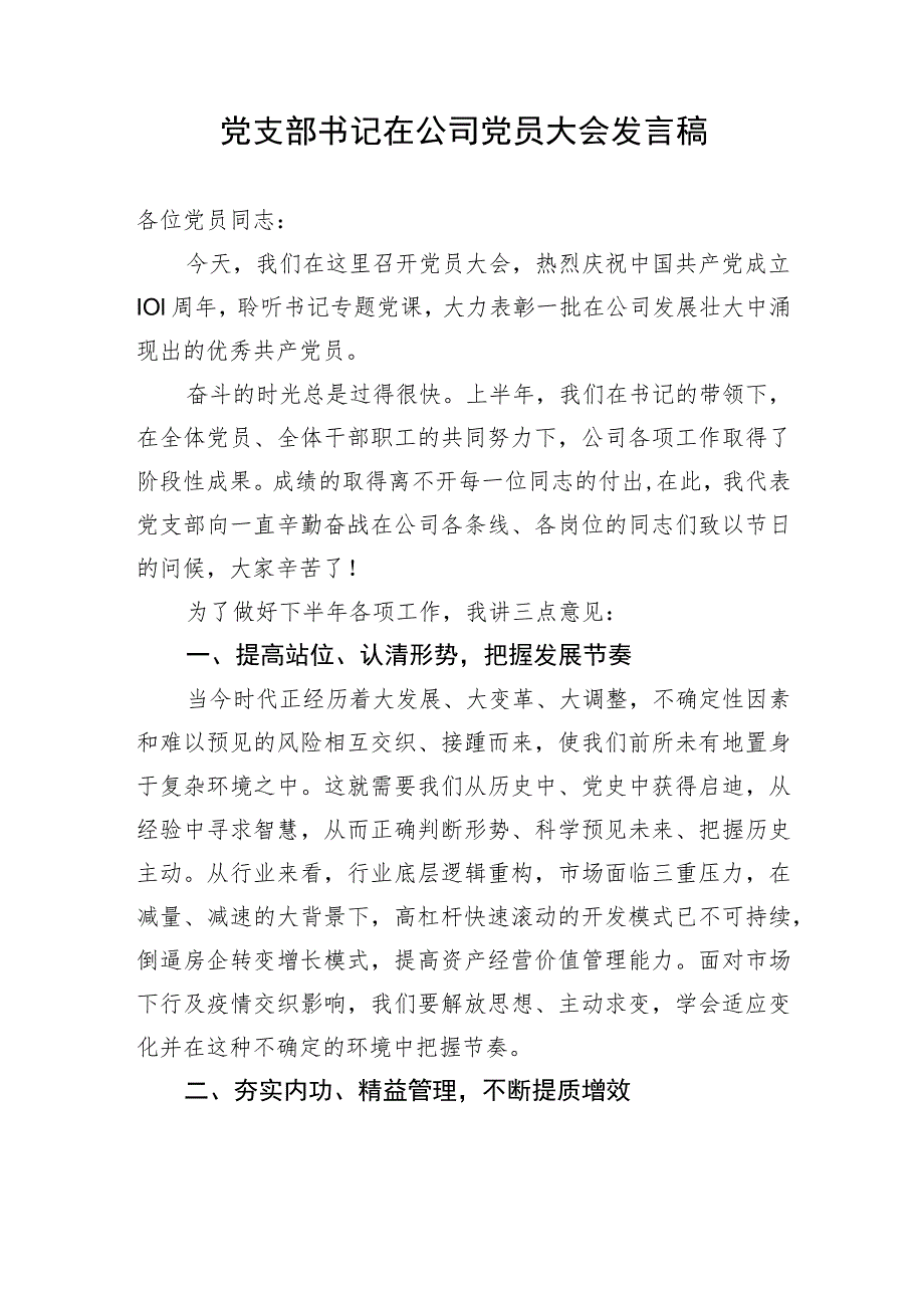 【国资国企】党支部书记在公司党员大会发言稿.docx_第1页