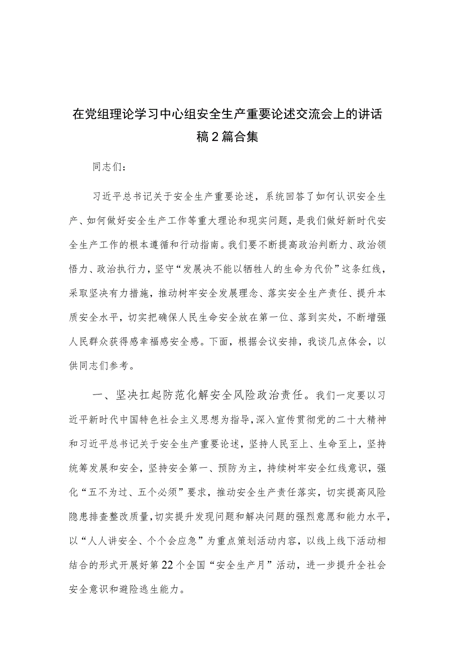 在党组理论学习中心组安全生产重要论述交流会上的讲话稿2篇合集.docx_第1页