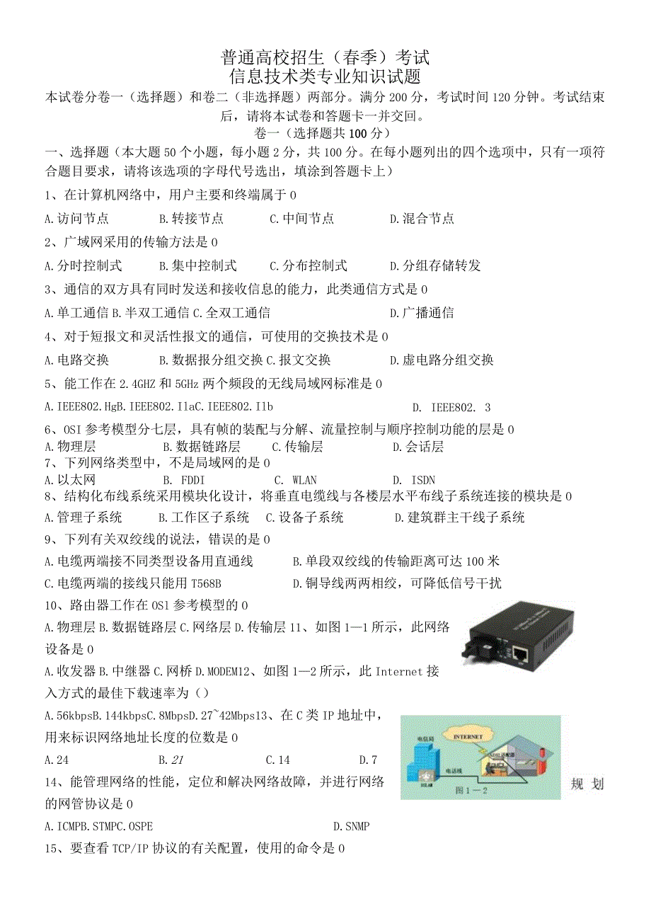 山东省普通高校招生（春季）考试信息技术类专业知识试题.docx_第1页