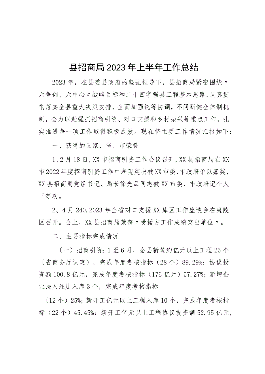 县招商局2023年上半年工作总结.docx_第1页