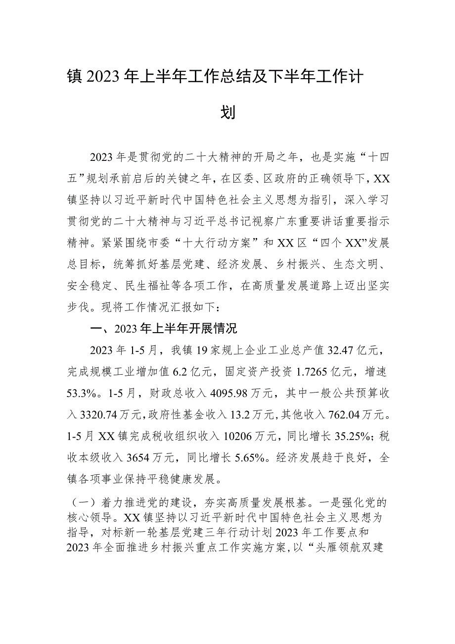 镇2023年上半年工作总结及下半年工作计划（20230625）.docx_第1页