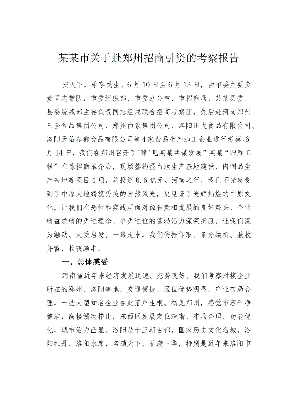 某某市关于赴郑州招商引资的考察报告.docx_第1页