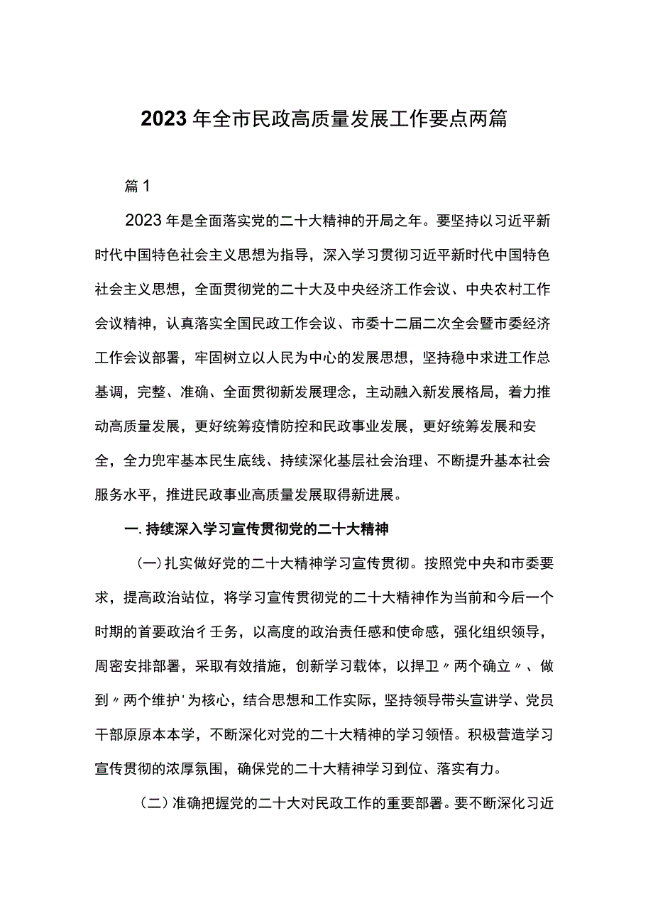 2023年全市民政高质量发展工作要点两篇.docx_第1页