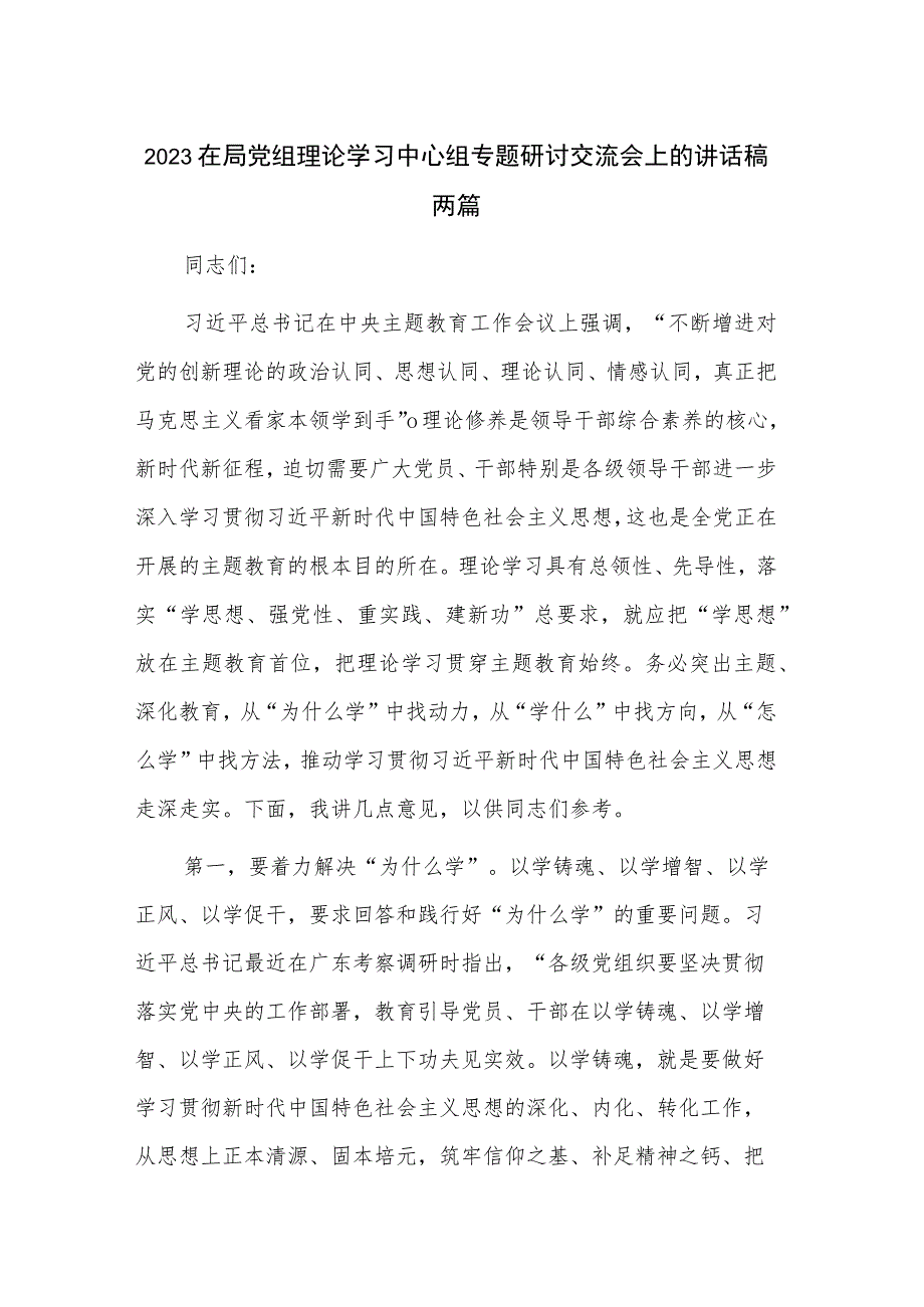 2023在局党组理论学习中心组专题研讨交流会上的讲话稿两篇.docx_第1页