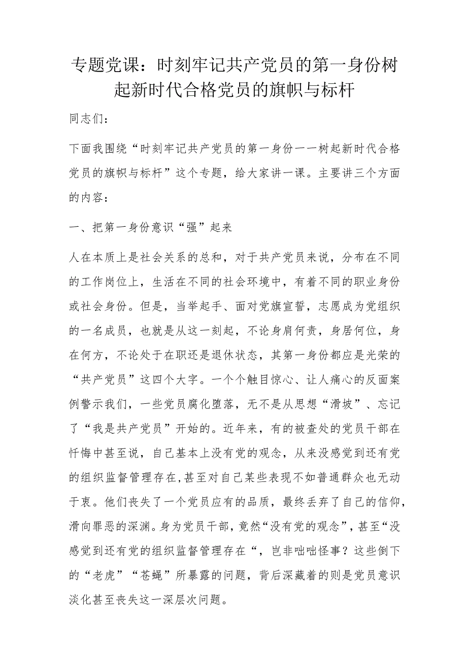 专题党课：时刻牢记共产党员的第一身份树起新时代合格党员的旗帜与标杆.docx_第1页