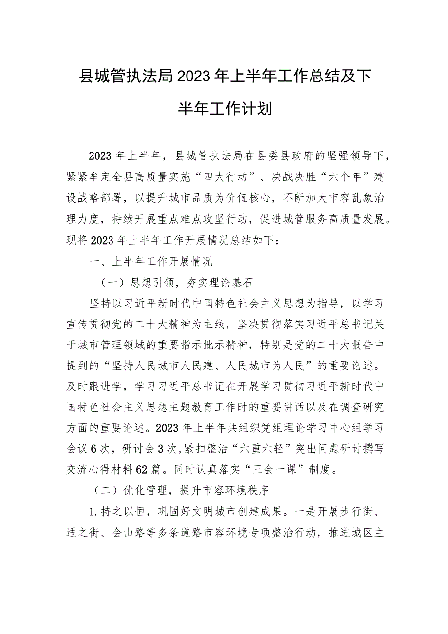 县城管执法局2023年上半年工作总结及下半年工作计划(20230628）.docx_第1页