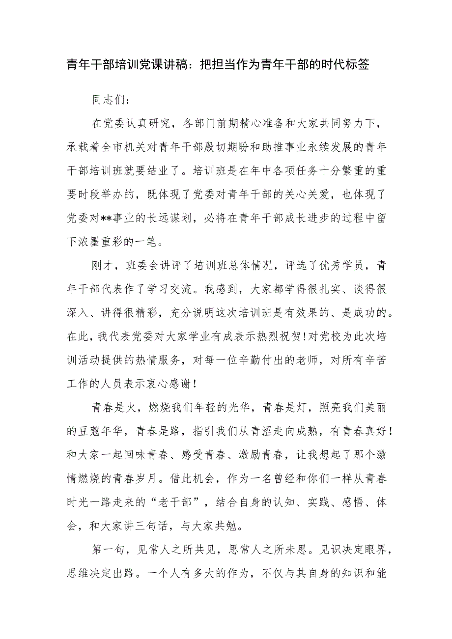 青年干部培训党课讲稿：把担当作为青年干部的时代标签、青年干部勇担当敢作为心得体会范文.docx_第2页