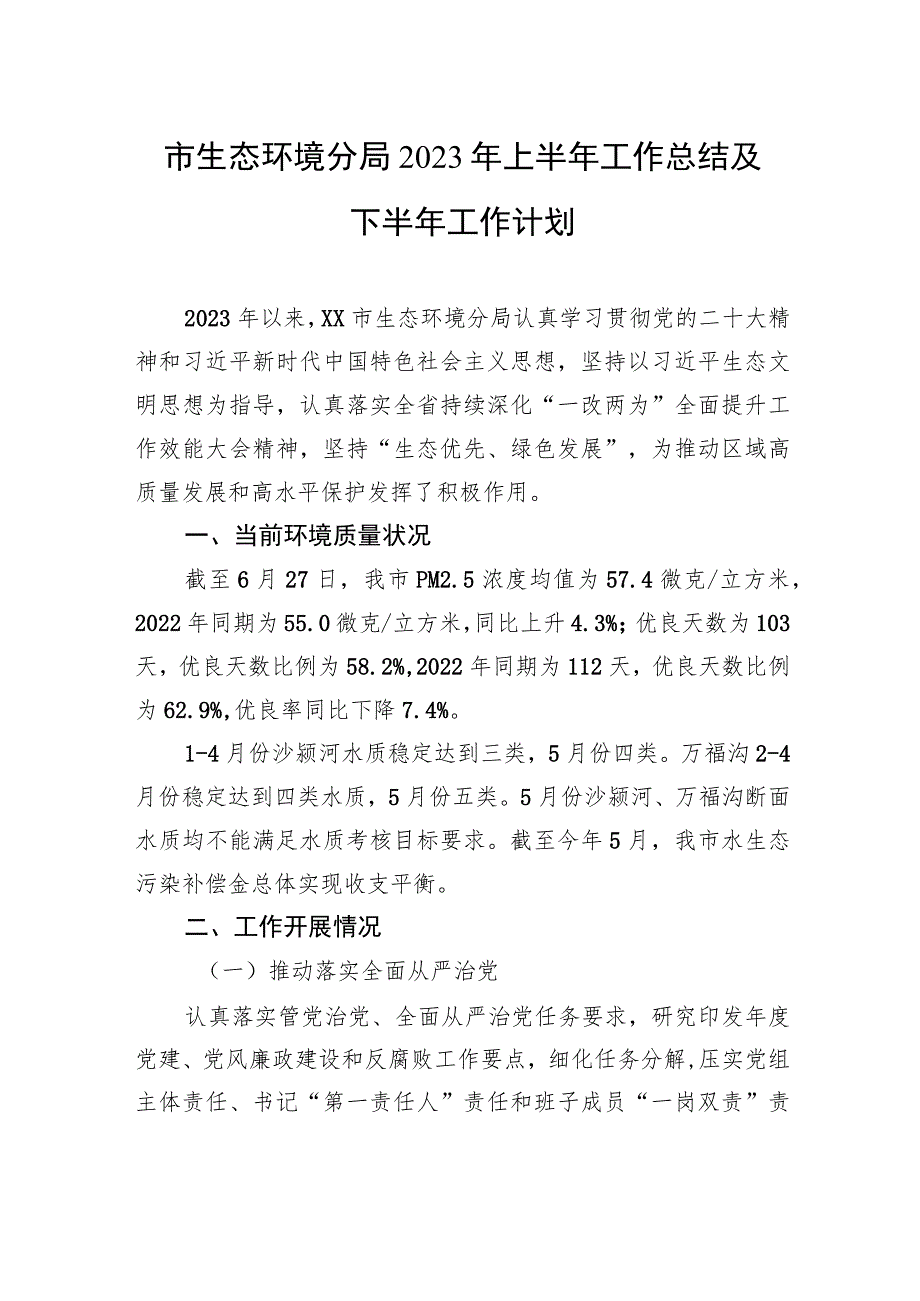 市生态环境分局2023年上半年工作总结及下半年工作计划（20230627）.docx_第1页