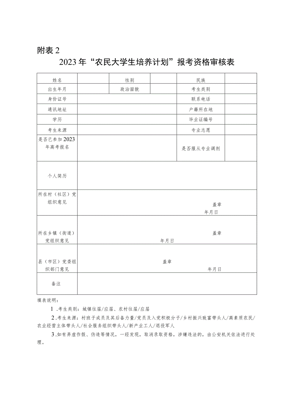 湖南2023年“农民大学生培养计划”报考资格审核表.docx_第1页