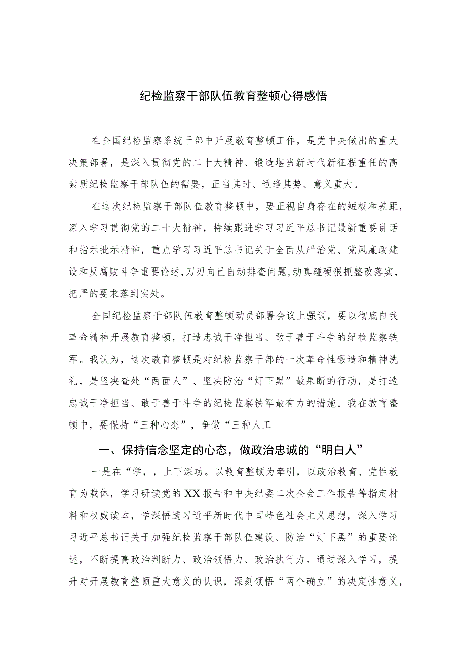 2023纪检监察干部队伍教育整顿心得感悟精选10篇范文.docx_第1页