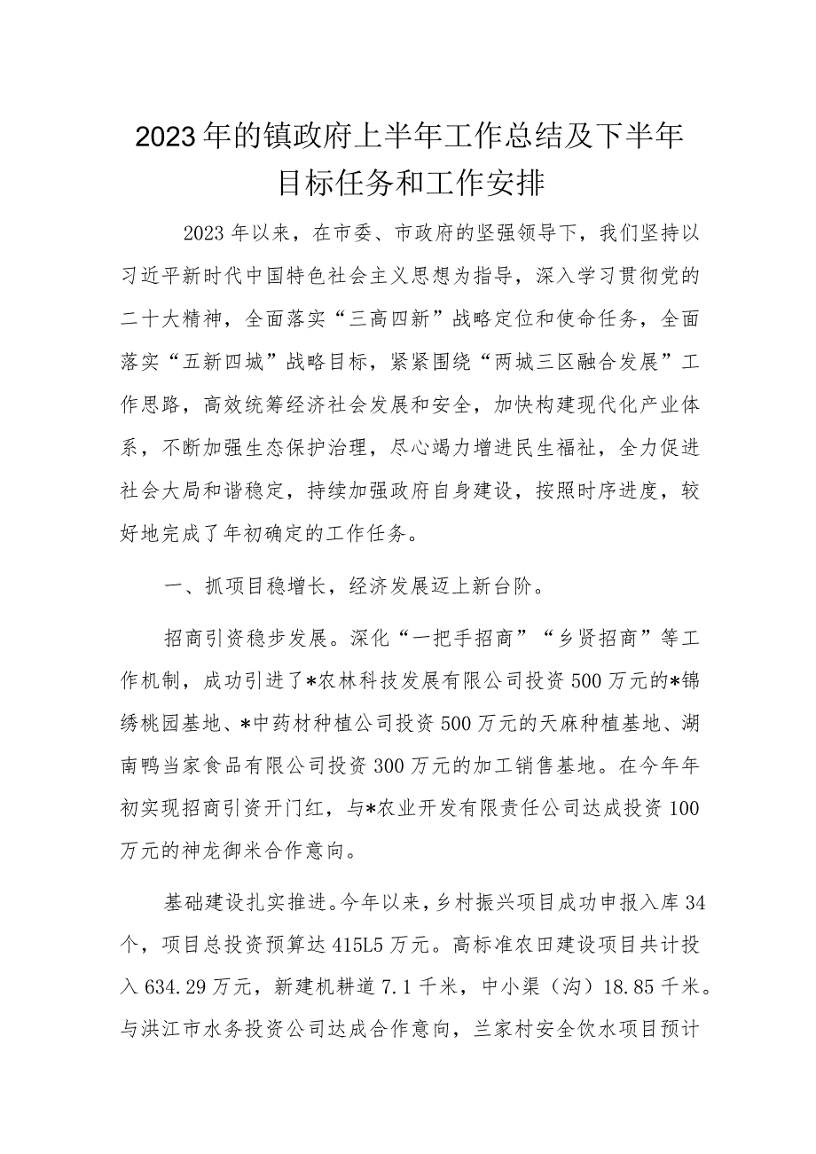 2023年的镇政府上半年工作总结及下半年目标任务和工作安排.docx_第1页