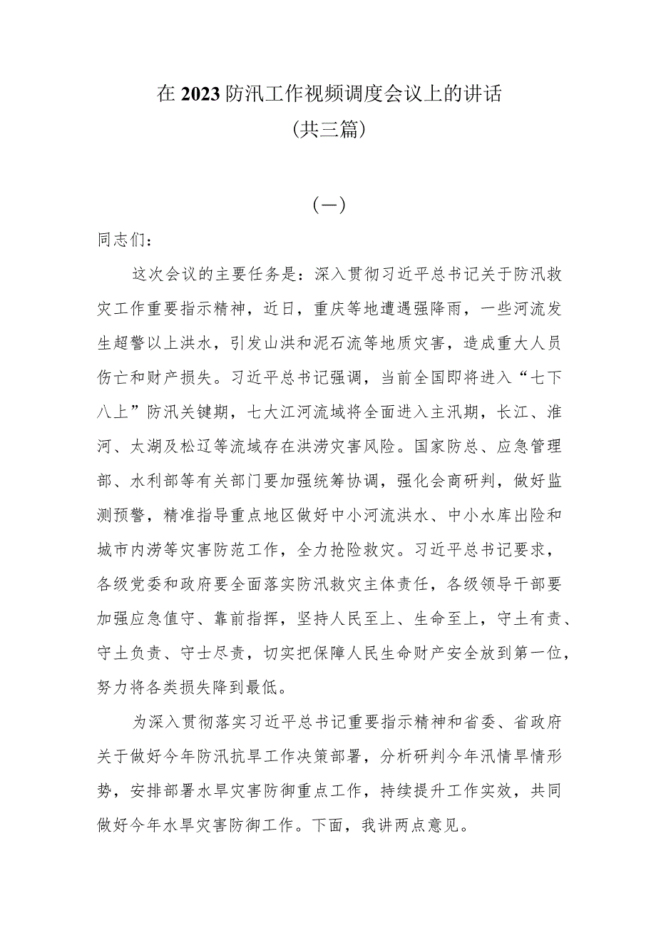 在2023防汛工作视频调度会议上的讲话共三篇（20230705）.docx_第1页