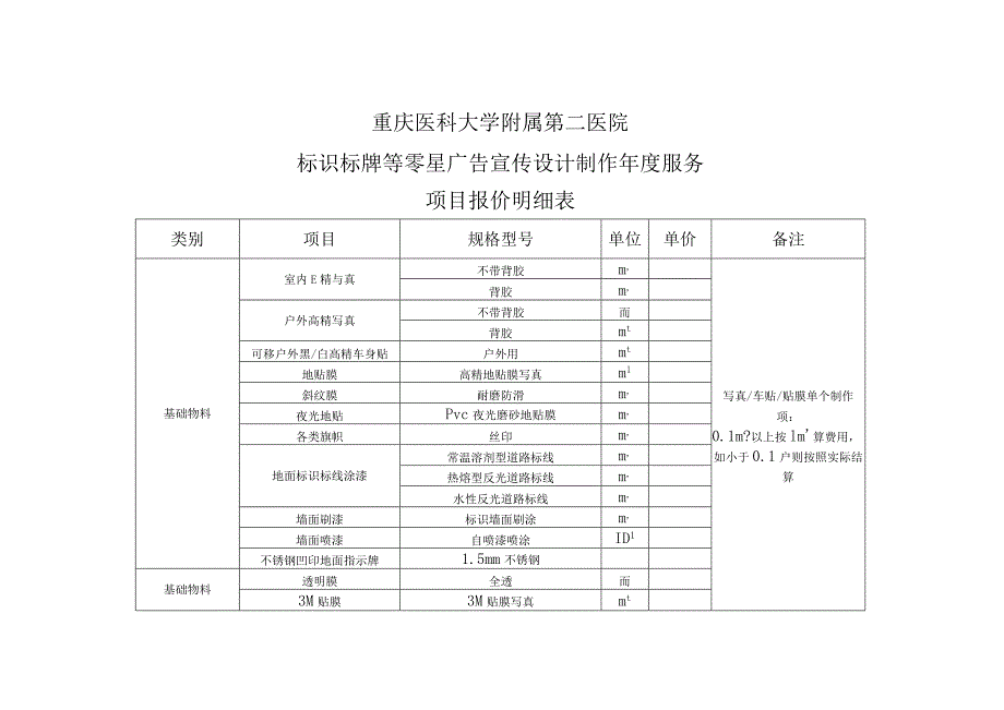 重庆医科大学附属第二医院标识标牌等零星广告宣传设计制作年度服务项目报价明细表.docx_第1页