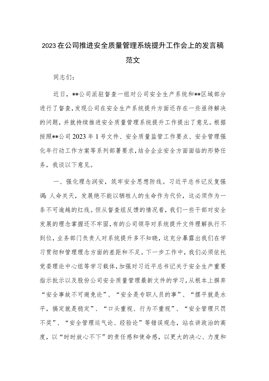 2023在公司推进安全质量管理系统提升工作会上的发言稿范文.docx_第1页