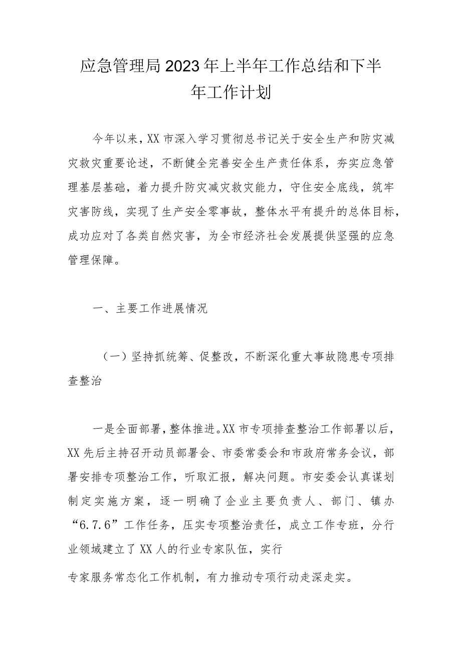 应急管理局2023年上半年工作总结和下半年工作计划.docx_第1页