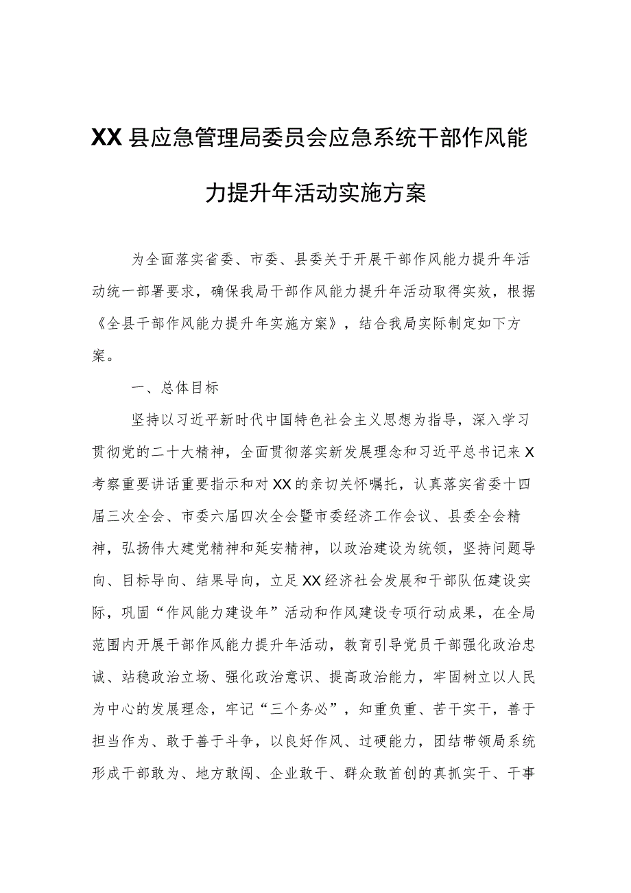 XX县应急管理局委员会应急系统干部作风能力提升年活动实施方案.docx_第1页