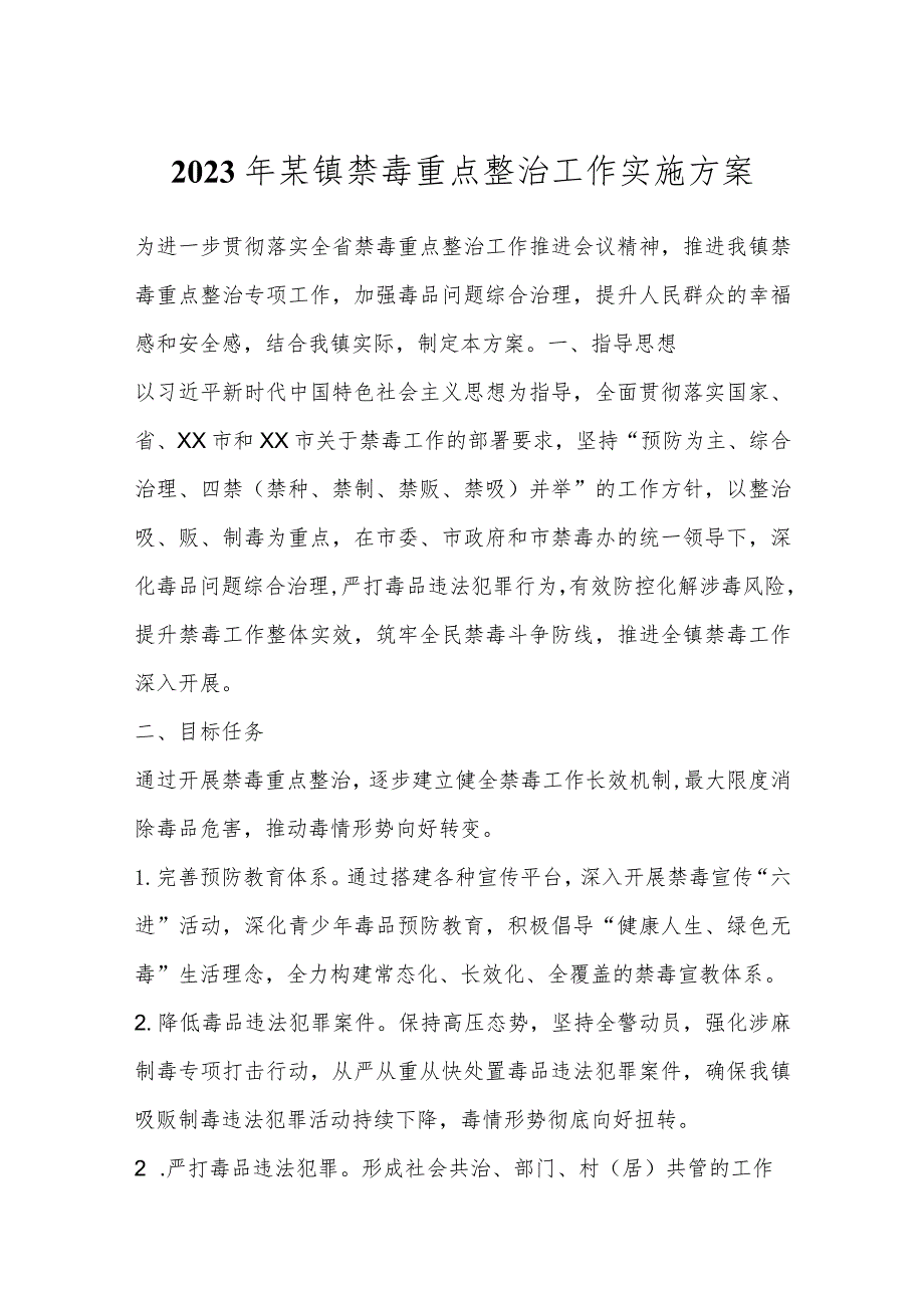 2023年某镇禁毒重点整治工作实施方案.docx_第1页