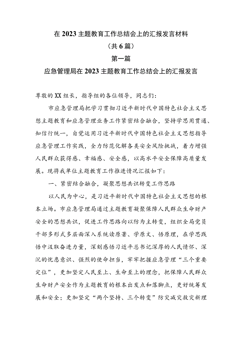 在2023主题教育工作总结会上的汇报发言材料共6篇.docx_第1页