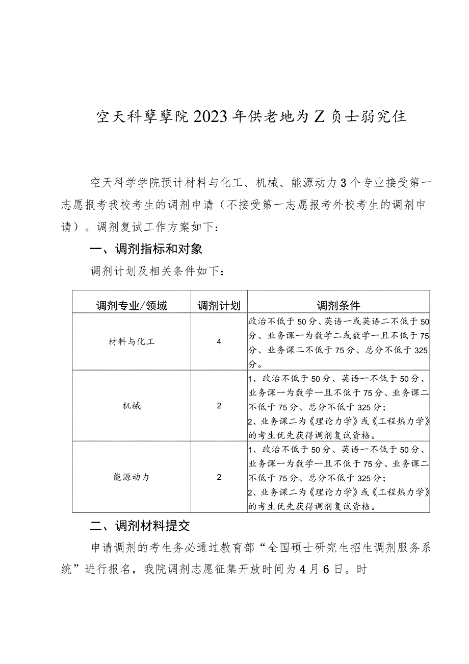 空天科学学院2023年统考地方硕士研究生调剂复试工作方案.docx_第1页