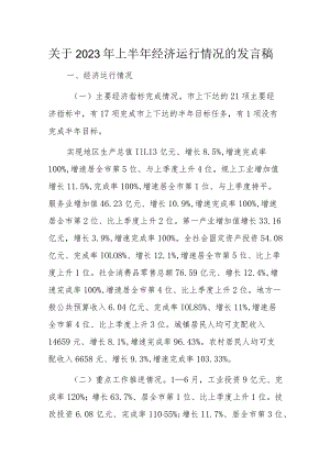 关于2023年上半年经济运行情况的发言稿.docx