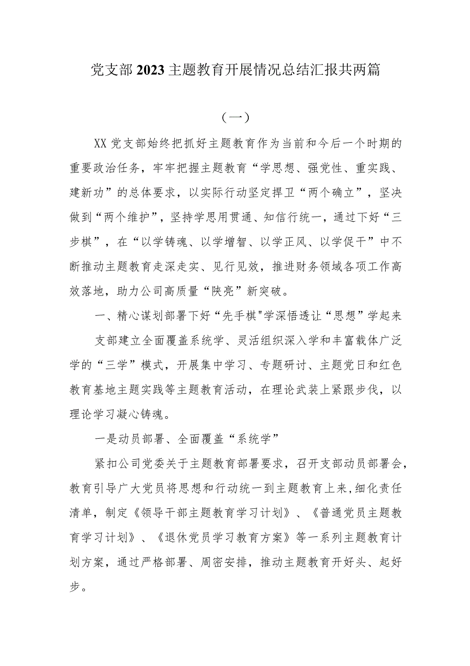 党支部2023主题教育开展情况总结汇报共两篇.docx_第1页