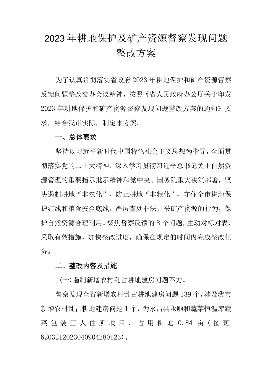 2023年耕地保护及矿产资源督察发现问题整改方案.docx_第1页