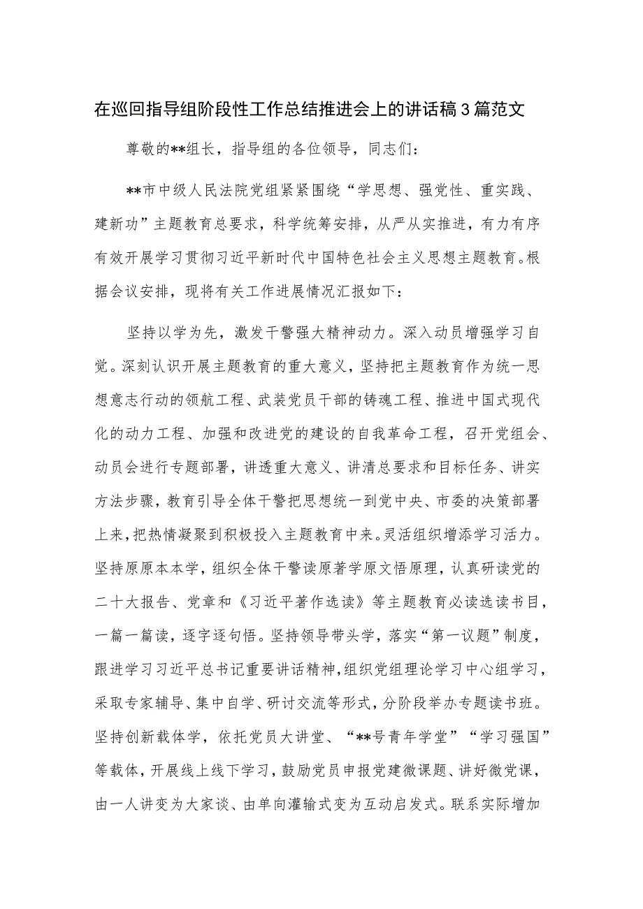 在巡回指导组阶段性工作总结推进会上的讲话稿3篇范文.docx_第1页