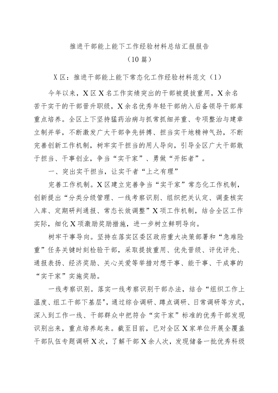 (10篇)推进干部能上能下工作经验材料总结汇报报告.docx_第1页