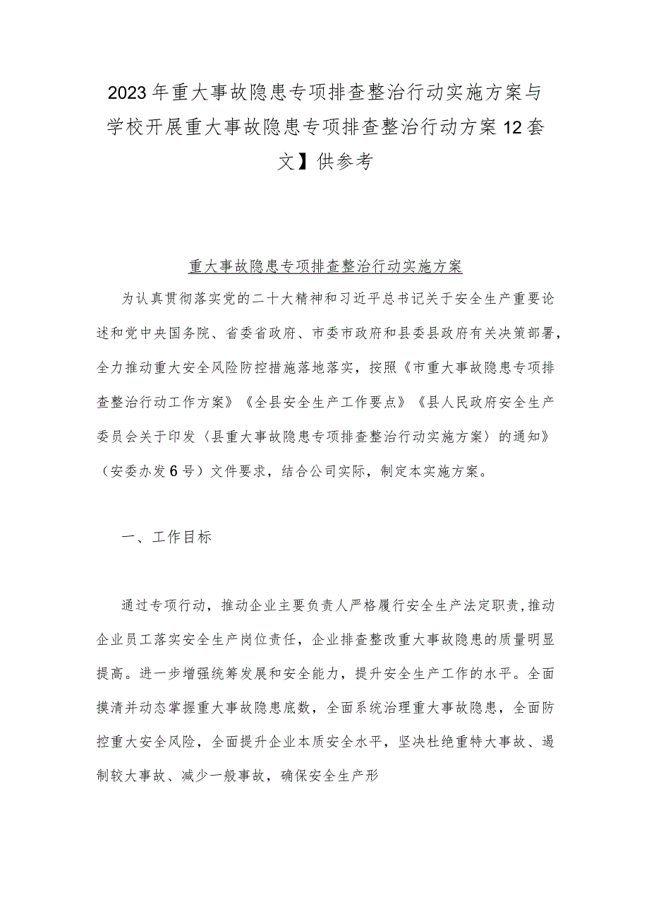 2023年重大事故隐患专项排查整治行动实施方案与学校开展重大事故隐患专项排查整治行动方案【2套文】供参考.docx_第1页