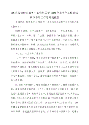 XX县投资促进服务中心党组关于2023年上半年工作总结和下半年工作思路的报告.docx