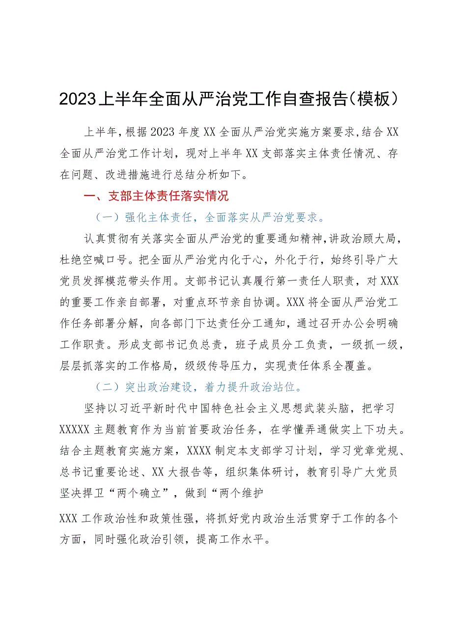 2023上半年全面从严治党工作自查报告（模板）.docx_第1页