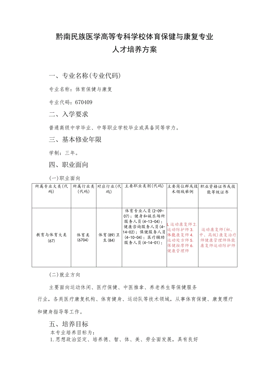 黔南民族医学高等专科学校体育保健与康复专业人才培养方案.docx_第1页