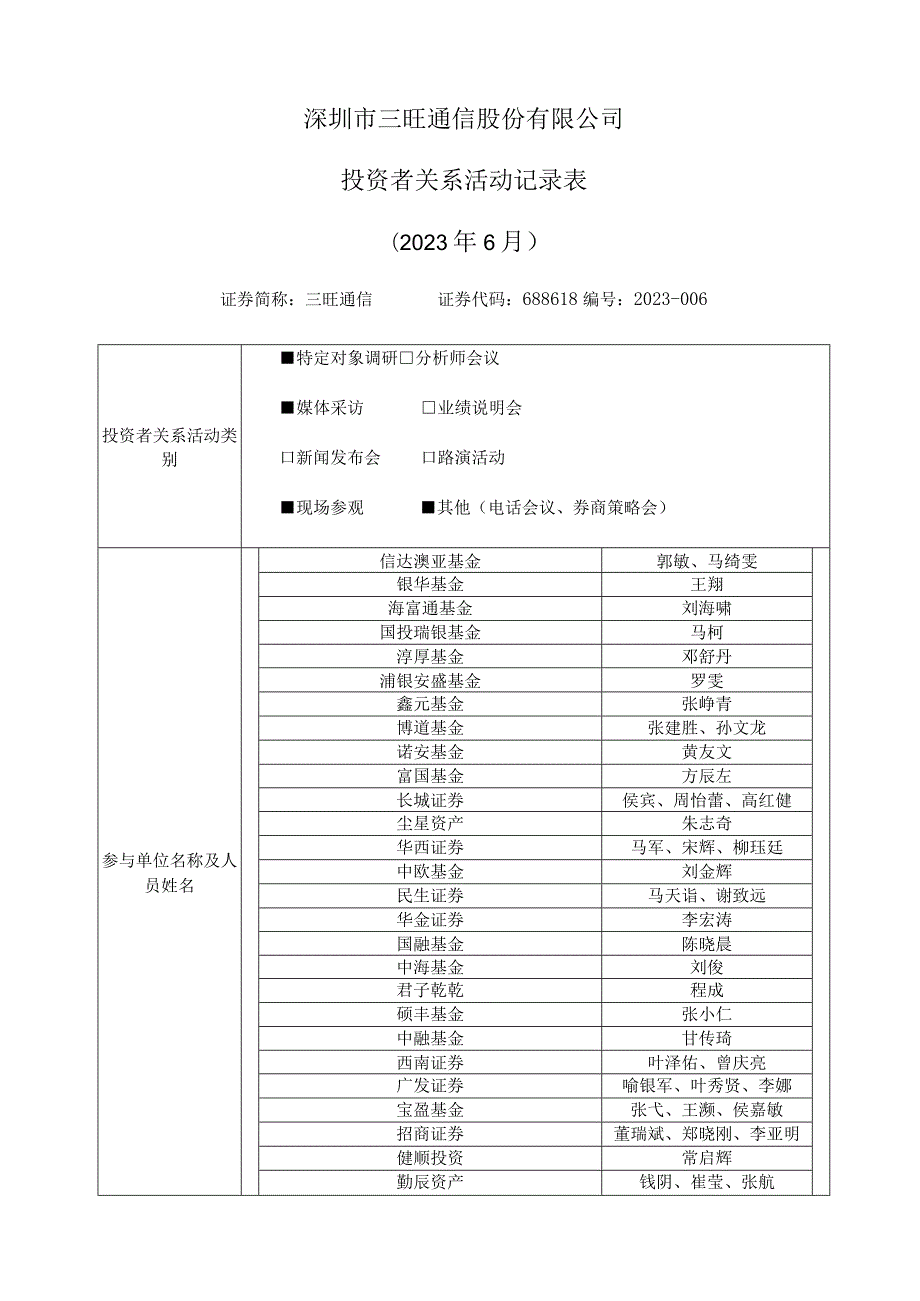 深圳市三旺通信股份有限公司投资者关系活动记录023年6月.docx_第1页