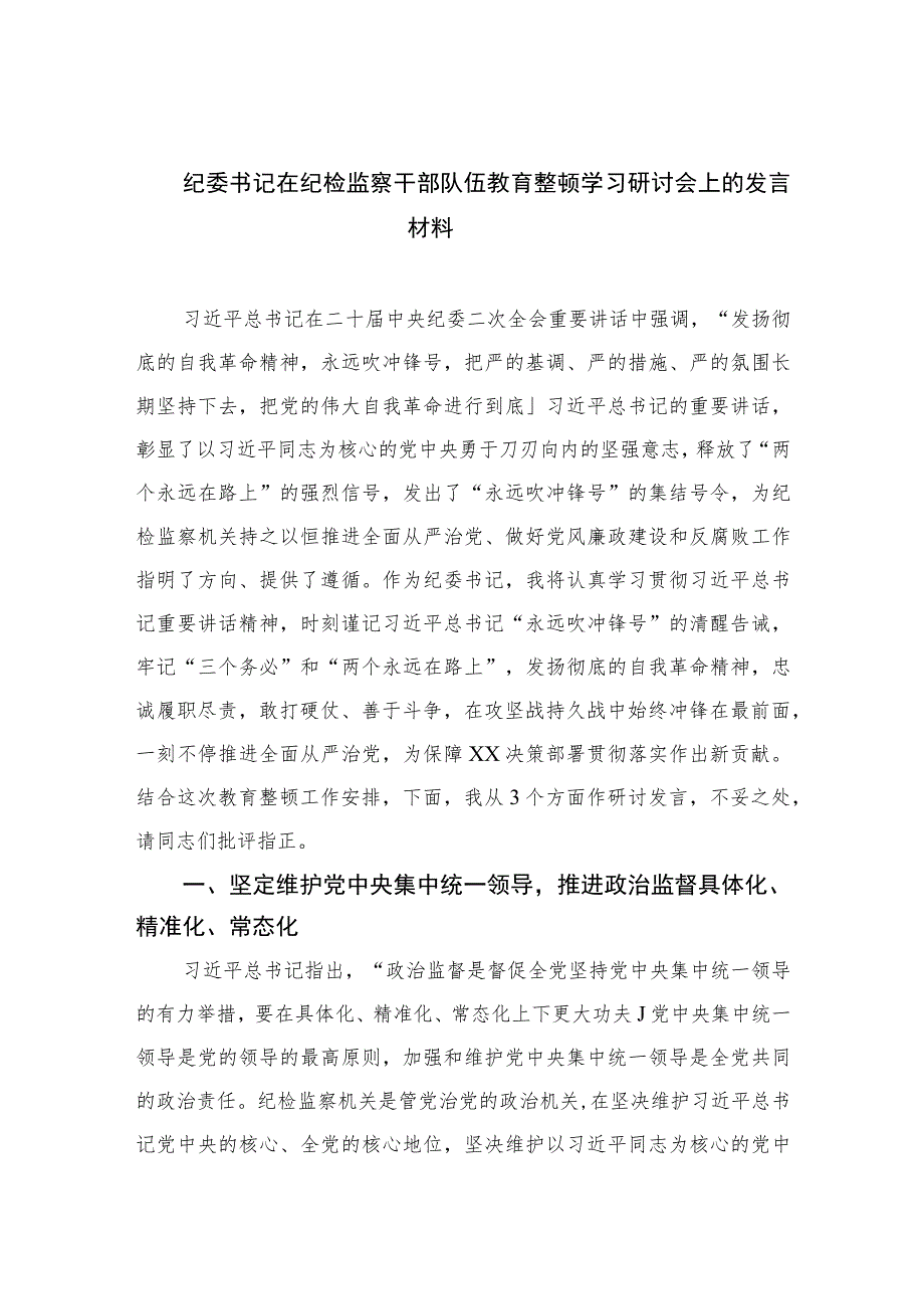 2023纪委书记在纪检监察干部队伍教育整顿学习研讨会上的发言材料范文(精选三篇).docx_第1页